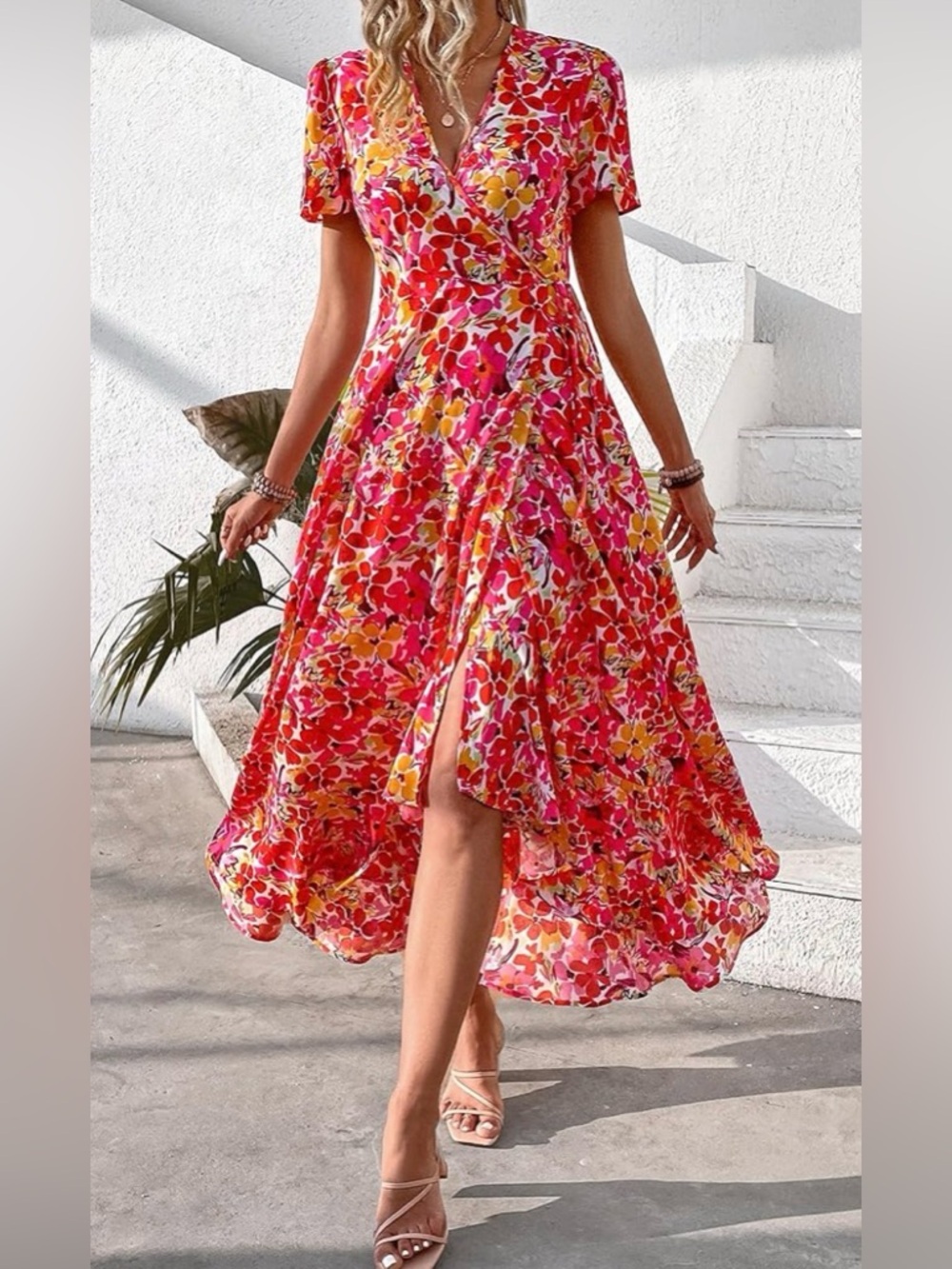PRETTYGARDEN Womens Wrap  Dress Boho Floral V Neck Short Sleeve Ruffle Hem XXL